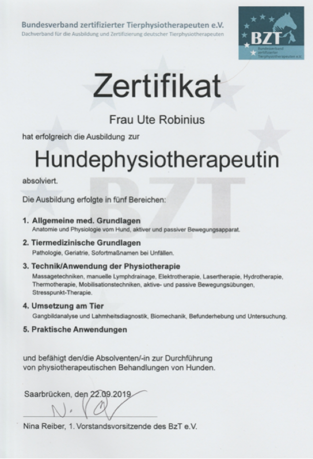 Zertifikat Tierphysiotherapie